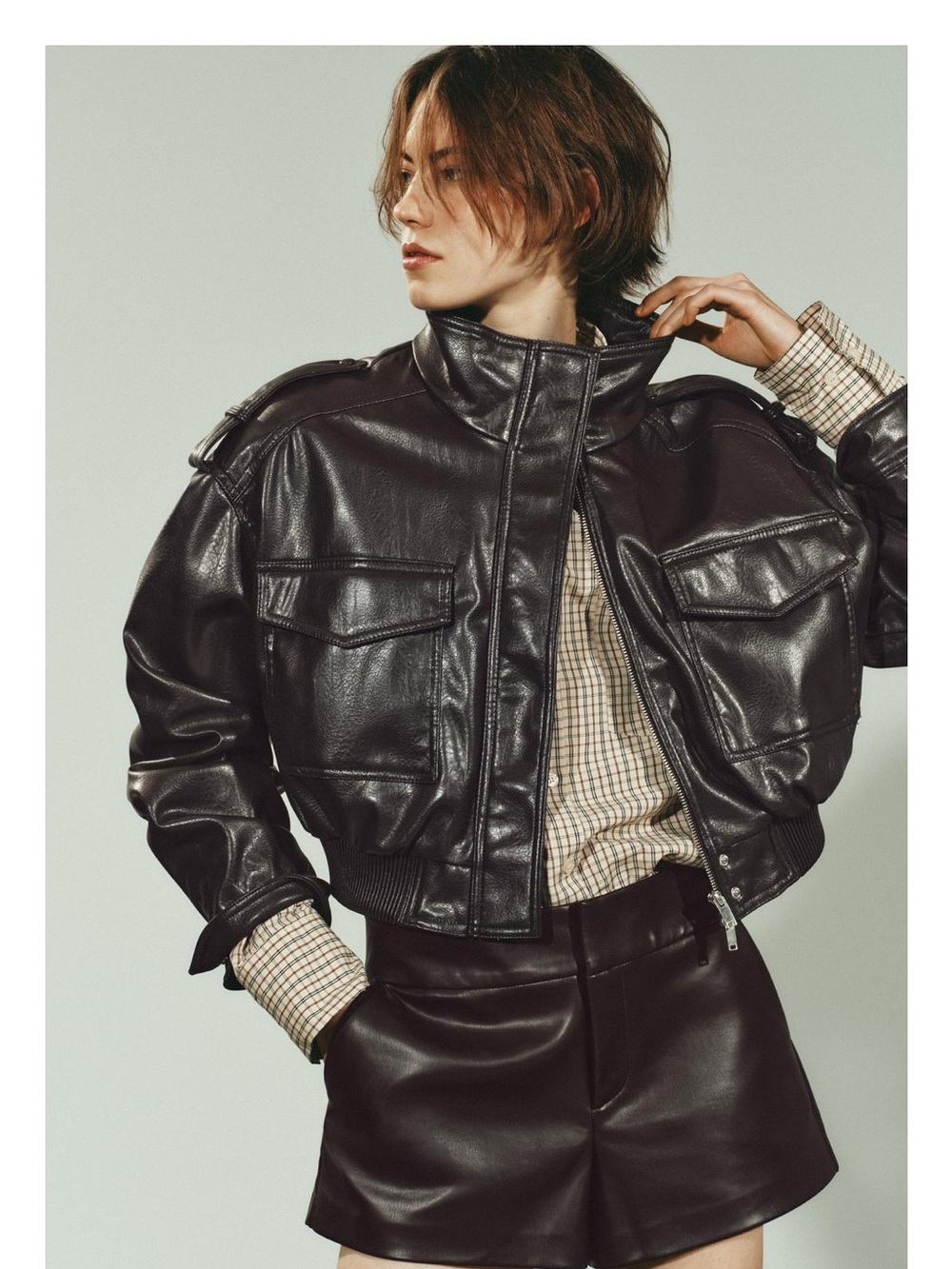 ZARA Cropped Black Faux Leather Bomber Jacket